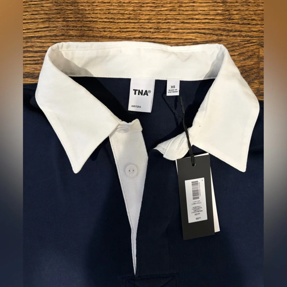 Aritzia Navy Sweatshirt with White Collar and Burgundy Stripes - Picture 5 of 5